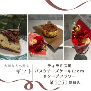 非公開: 【送料込】[ギフト用]ティラミスのようなバスクチーズケーキ12cmとソープフラワーのセット